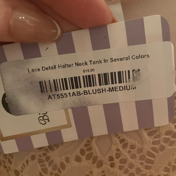 Zenana Lace Detail Halter-Neck Tank. Blush color. Size Medium. NWT! - Picture 6 of 6